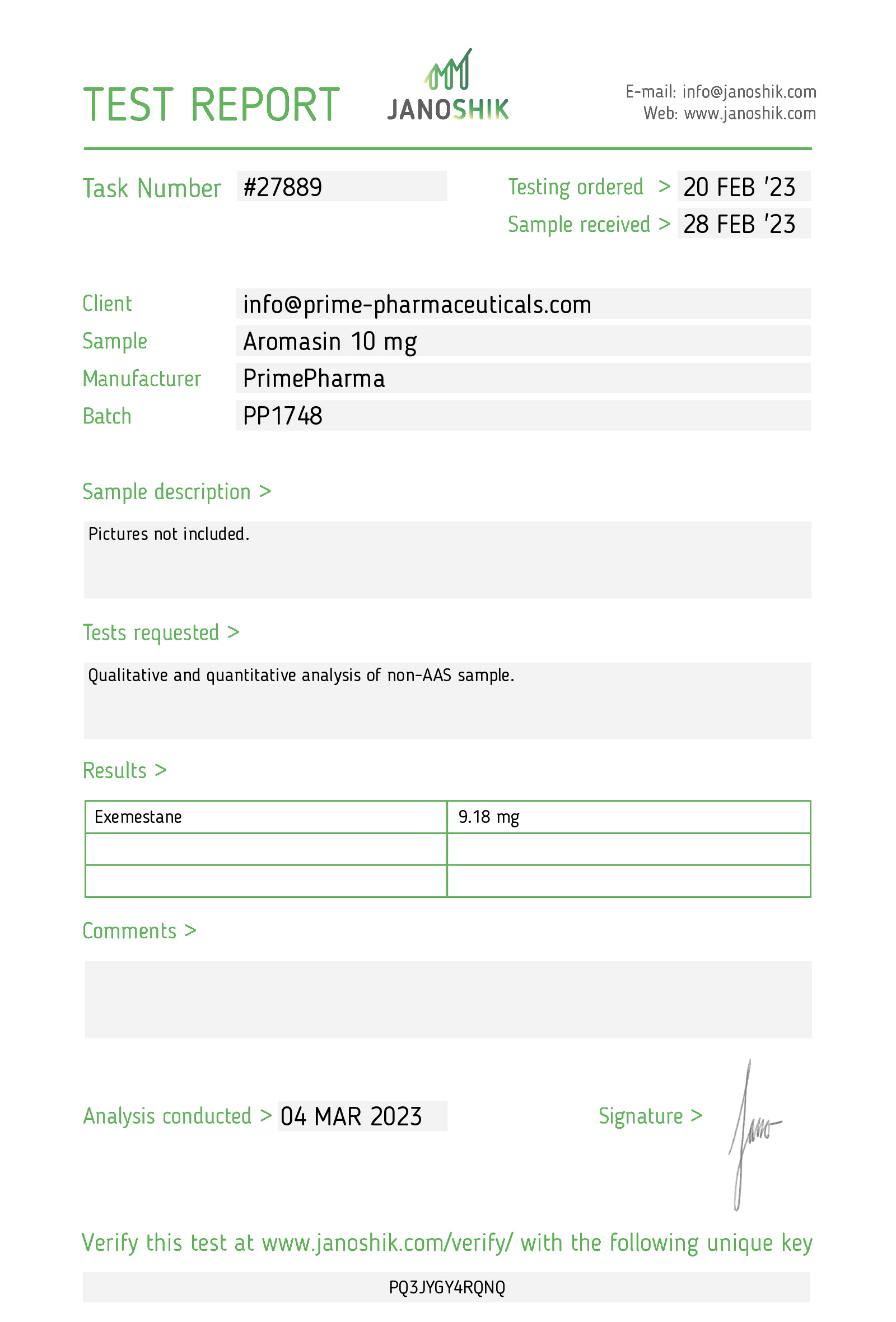 Prime Pharma Labtest Aromasin