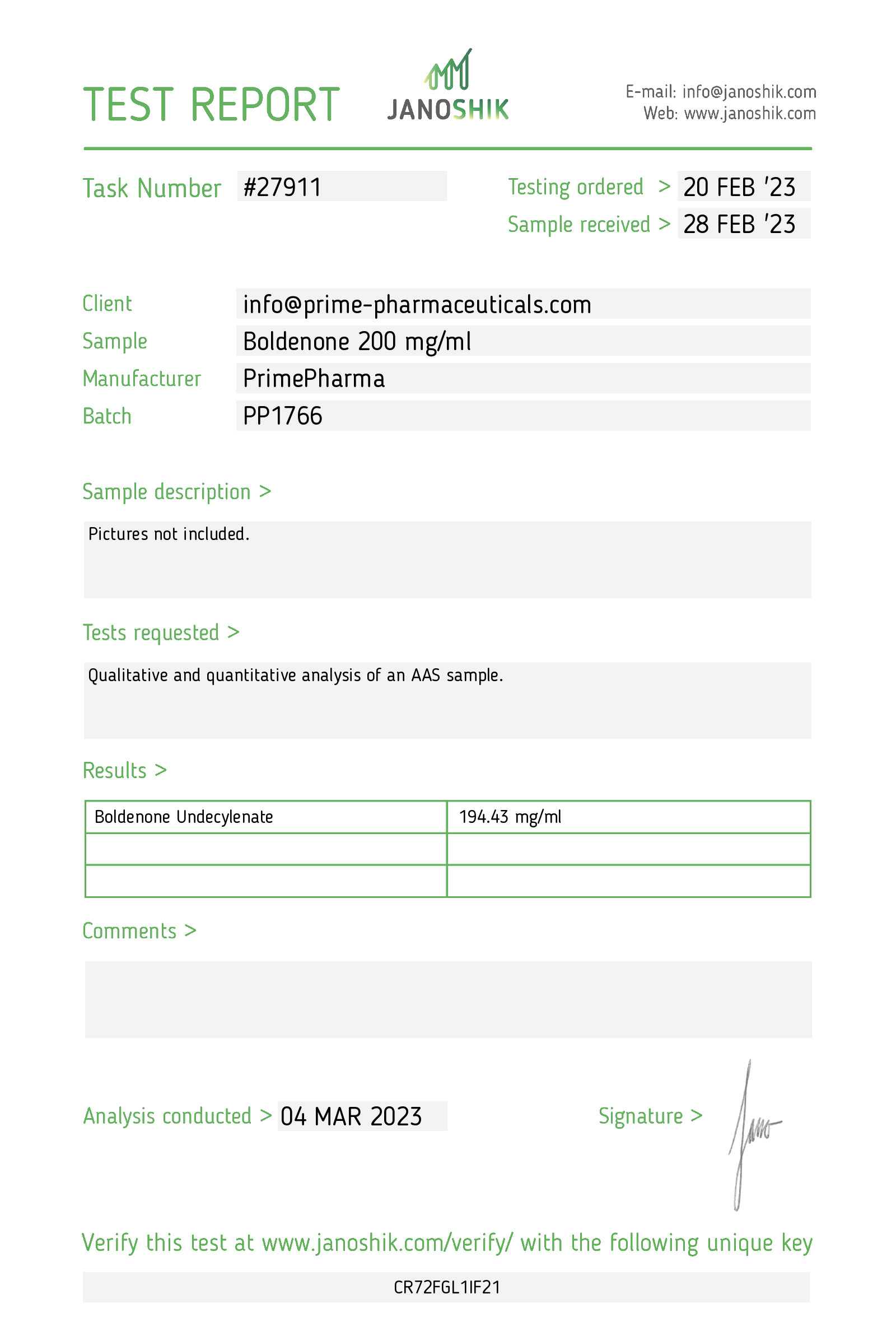 Prime Pharma Labtest Boldenone